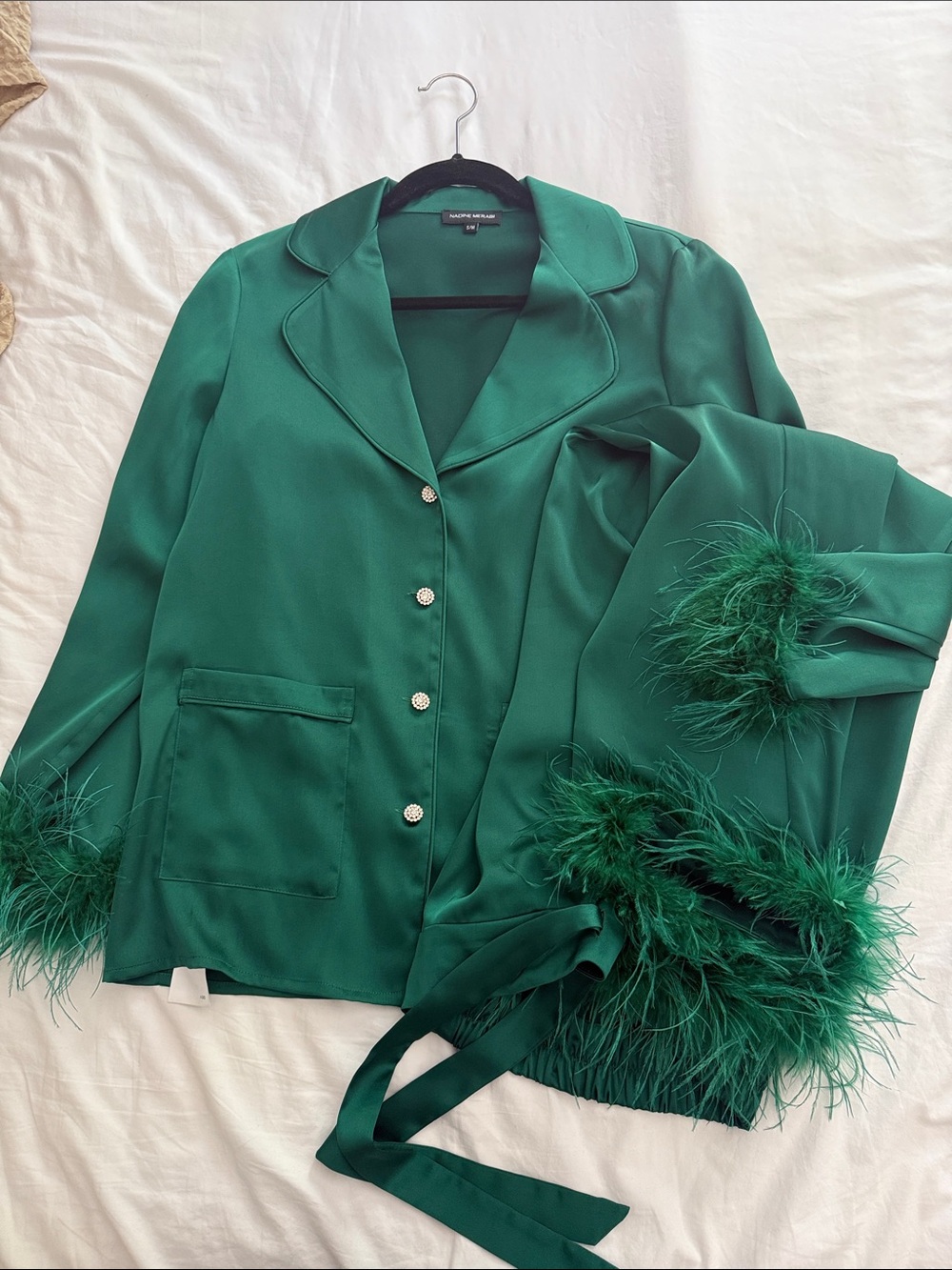 NADINE MERABI Emerald Green Satin Blazer with Feather Trim